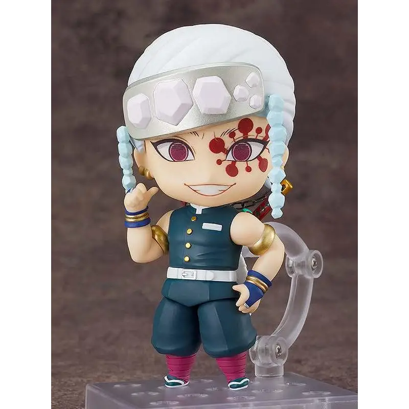 Chibi Nendoroid-figur av Tengen Uzui från Demon Slayer med vit hår, röda ögonmärken och turkos uniform