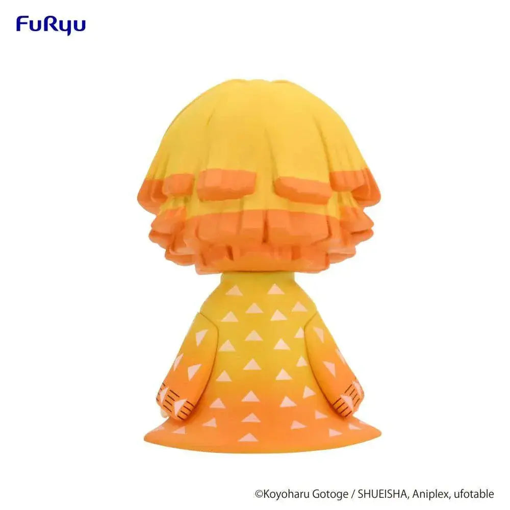 Demon Slayer Zenitsu Potetto figur med gul-orange gradienthår, lager-rufs och vita triangelmönster i plastklänning