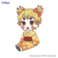 Chibi Demon Slayer Zenko Potetto-figur med blondt hår i toflätor, röd bow, orange kimono med vita trianglar och rödbrun obi