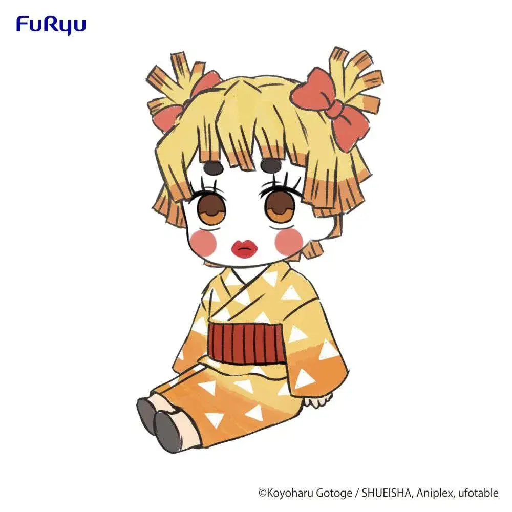 Chibi Demon Slayer Zenko Potetto-figur med blondt hår i toflätor, röd bow, orange kimono med vita trianglar och rödbrun obi