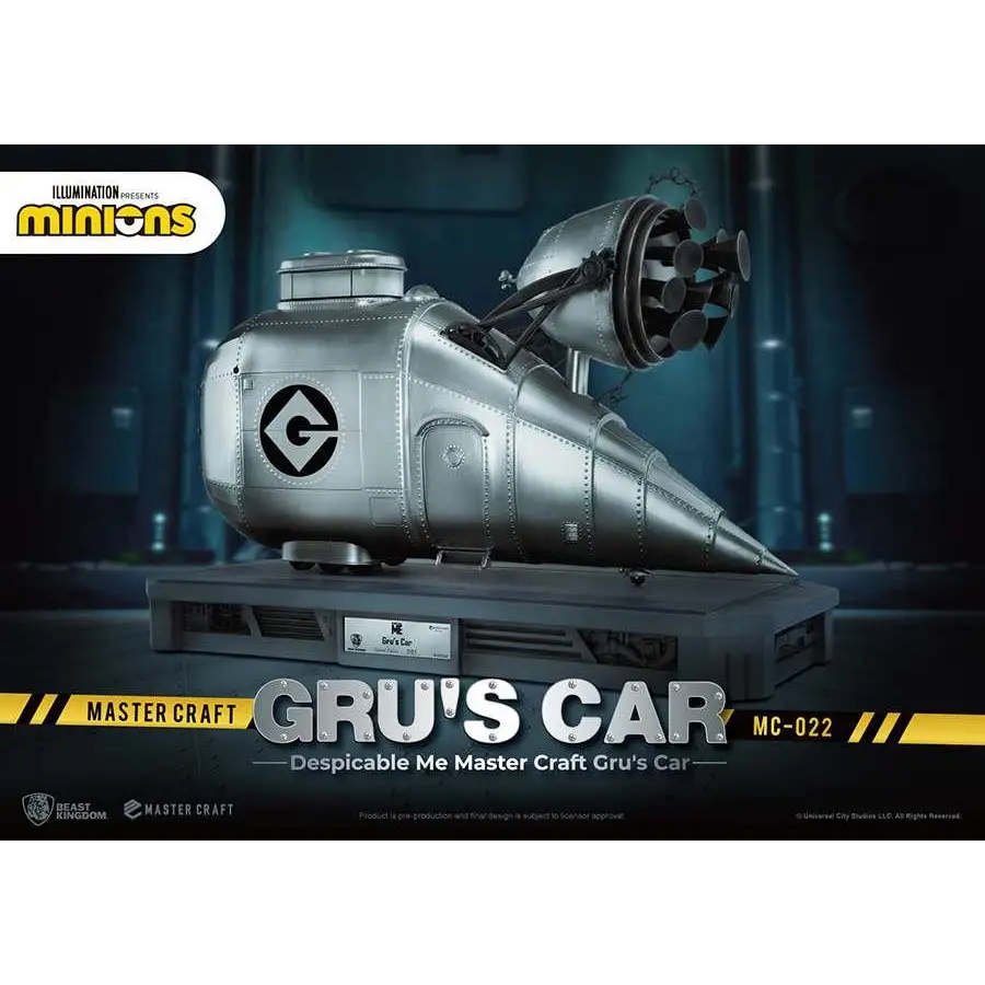 Silvrig metallmodell av Grus bil från Despicable Me med minions-logga