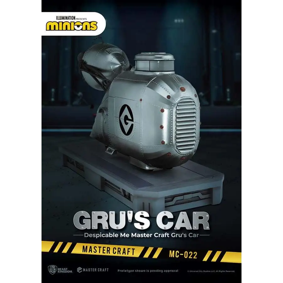 Silvrig metallisk, nitar, retrofuturistisk fordon med cirkulär ventilgaller och svart logo i Despicable Me Gru Car Master Craft