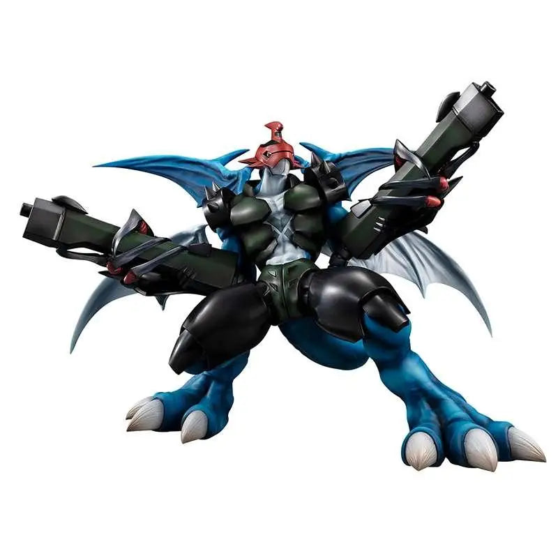 Blå och svart rustad drakfigur med röd hjälm, Paildramon från Digimon Adventure 02, med två stora pistoler