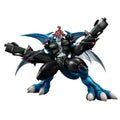 Blå och svart rustad drakfigur med röd hjälm, Paildramon från Digimon Adventure 02, med två stora pistoler