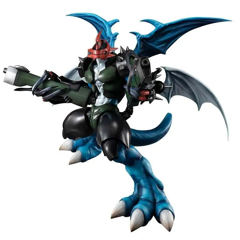 Blå och svart rustad drakefigur med rött huvud och grön kanon, Paildramon från Digimon Adventure 02