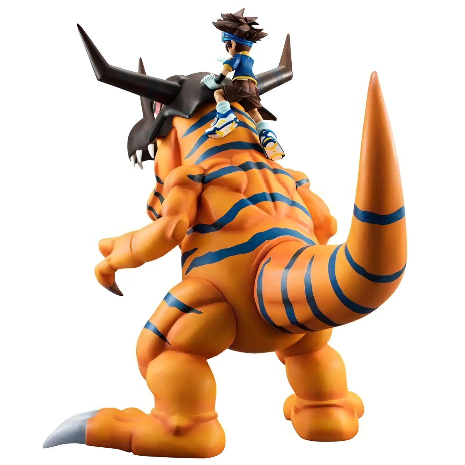 Orange and blue striped Greymon Digimon figure with Taichi rider, PVC statue