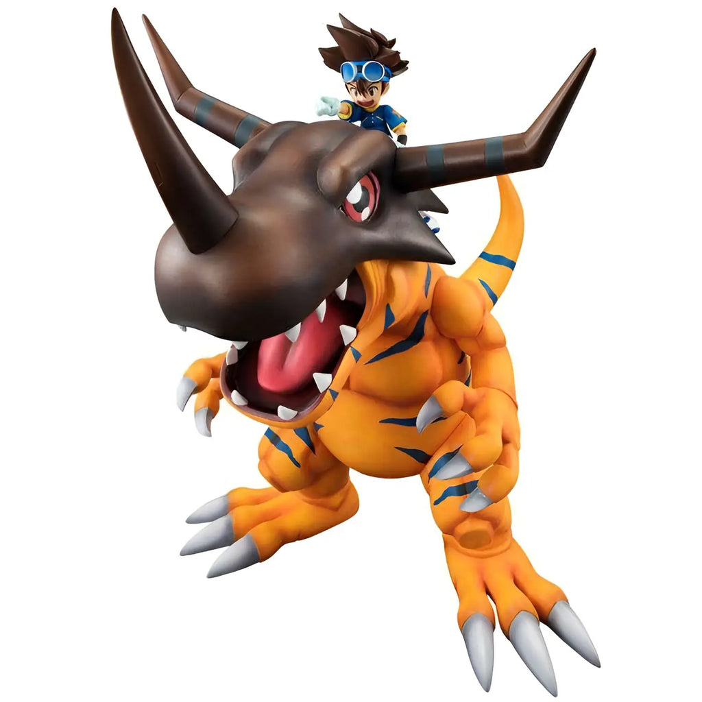 Orange and brown Greymon with blue stripes, red eyes, white claws and Taichi rider, Digimon PVC staty