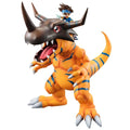 Orange and blue striped Agumon figurine with boy on back from Digimon Greymon & Taichi PVC staty