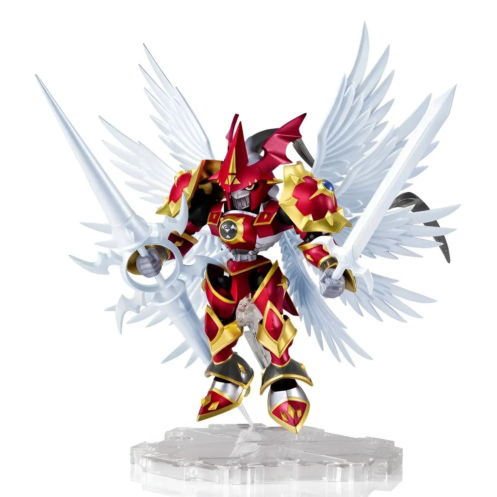 Röd och gul pansrad ängel med vita vingar håller två svärd, Digimon NXEDGE Dukemon/Gallantmon AF