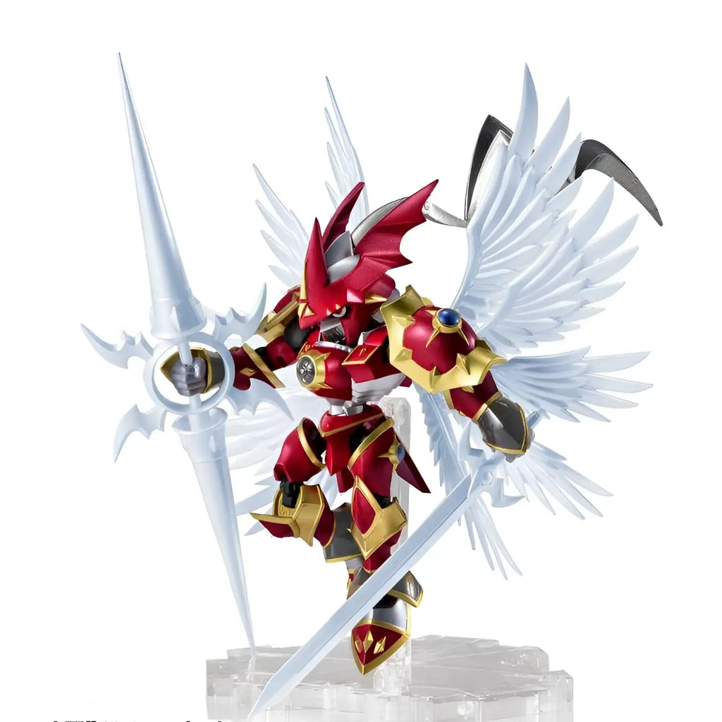 Röd och gul pansrad ängel med vita vingar håller silver svärd, Digimon NXEDGE Dukemon Gallantmon AF