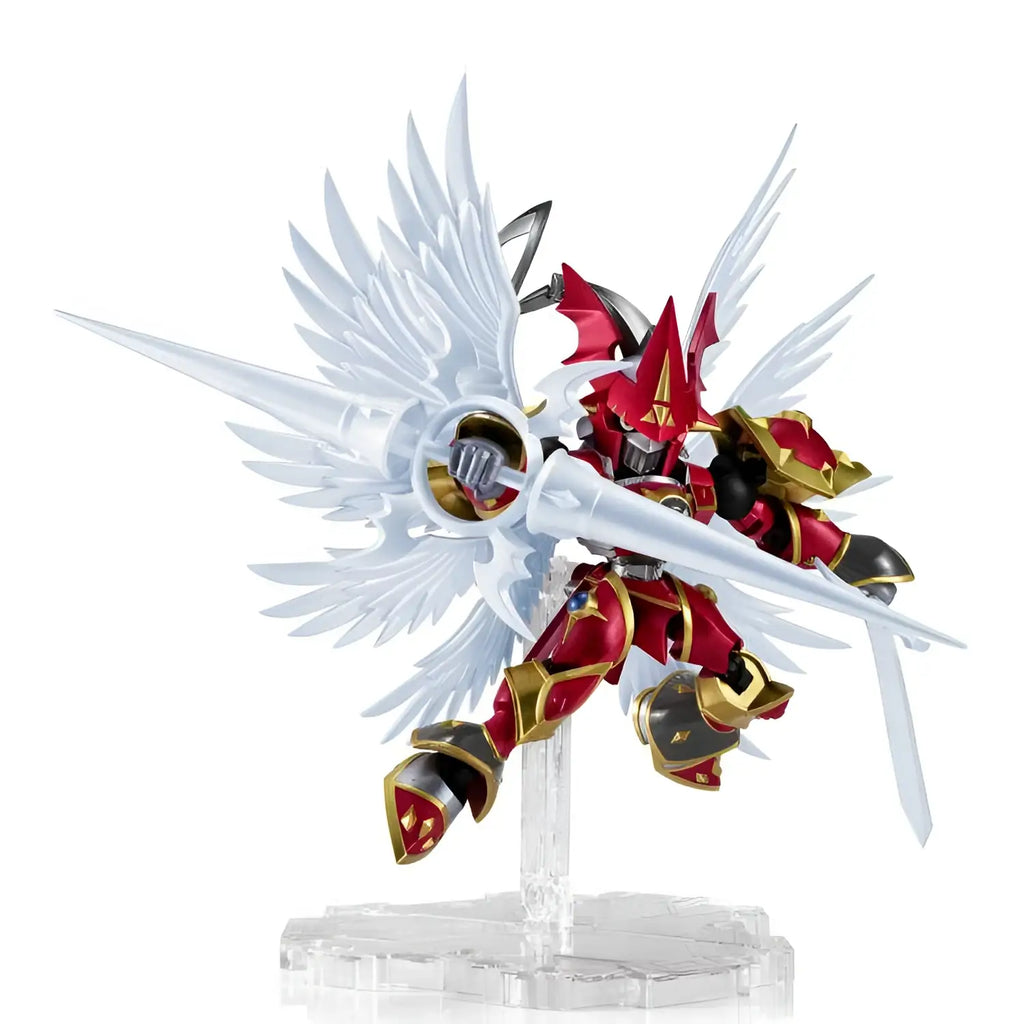 Röd och gul pansrad ängel med vita vingar håller silver svärd, Digimon NXEDGE Dukemon AF
