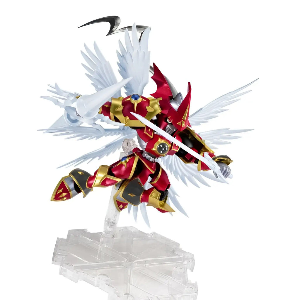 Röd och guld Digimon NXEDGE Dukemon/Gallantmon AF ängel med vita vingar på klar plastställ