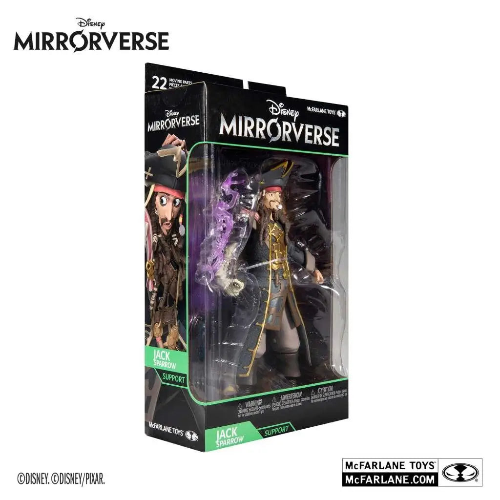 Disney Mirror 7-tums Jack Sparrow actionfigur i svart och grön förpackning med detaljerad skulptur och gulddetaljer på rocken