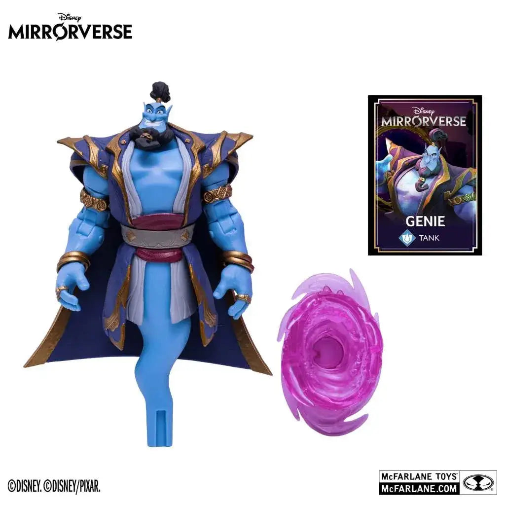 Blå genie actionfigur från Disney Mirrorverse i lila och guld rustning med kappor