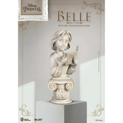 Beige resinbyst av Disney-prinsessan Belle med bok och signaturfrisyr
