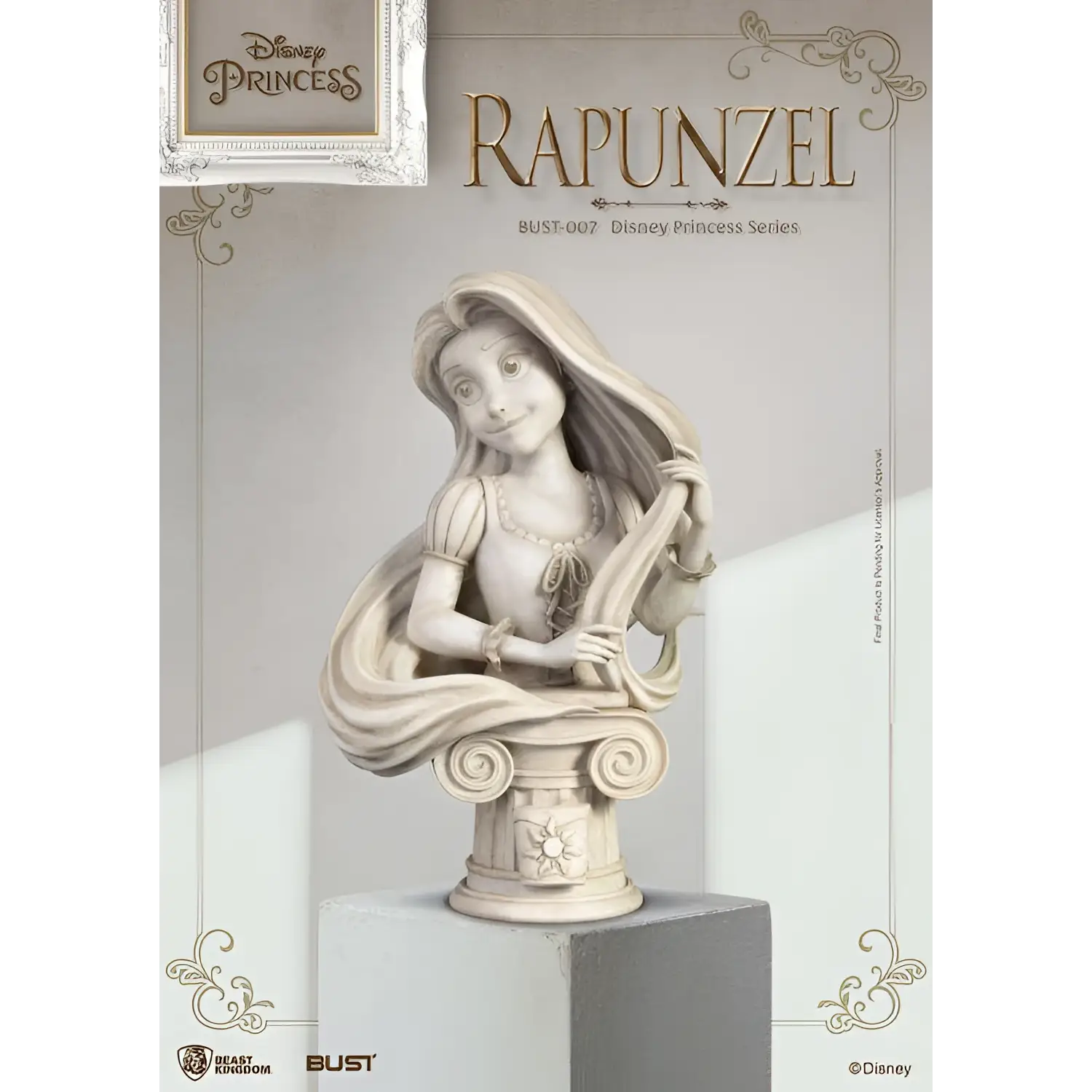 Beige resinbyst av Disney-prinsessan Rapunzel med långt hår och klänning