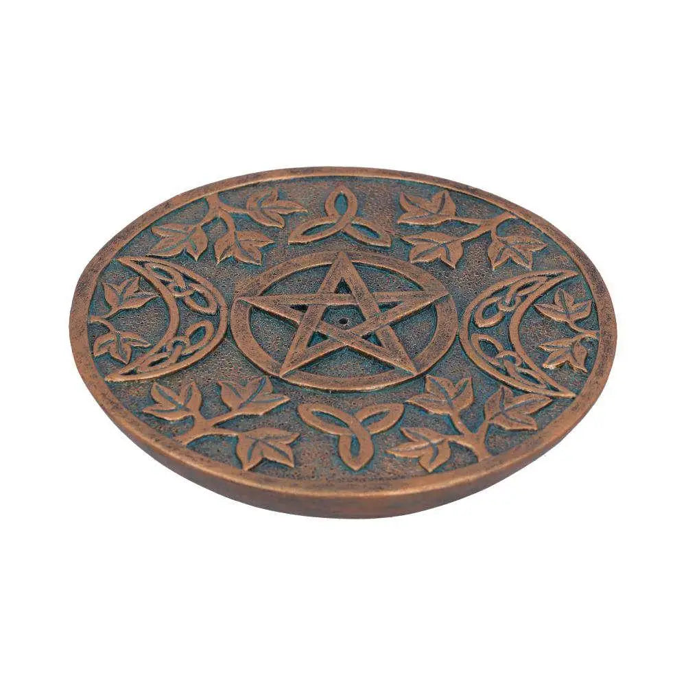 Bronsfärgad oval rökelsebrännare med inpräglat pentagram, halvmånar och keltiska knutar för Divine Essence Wiccan