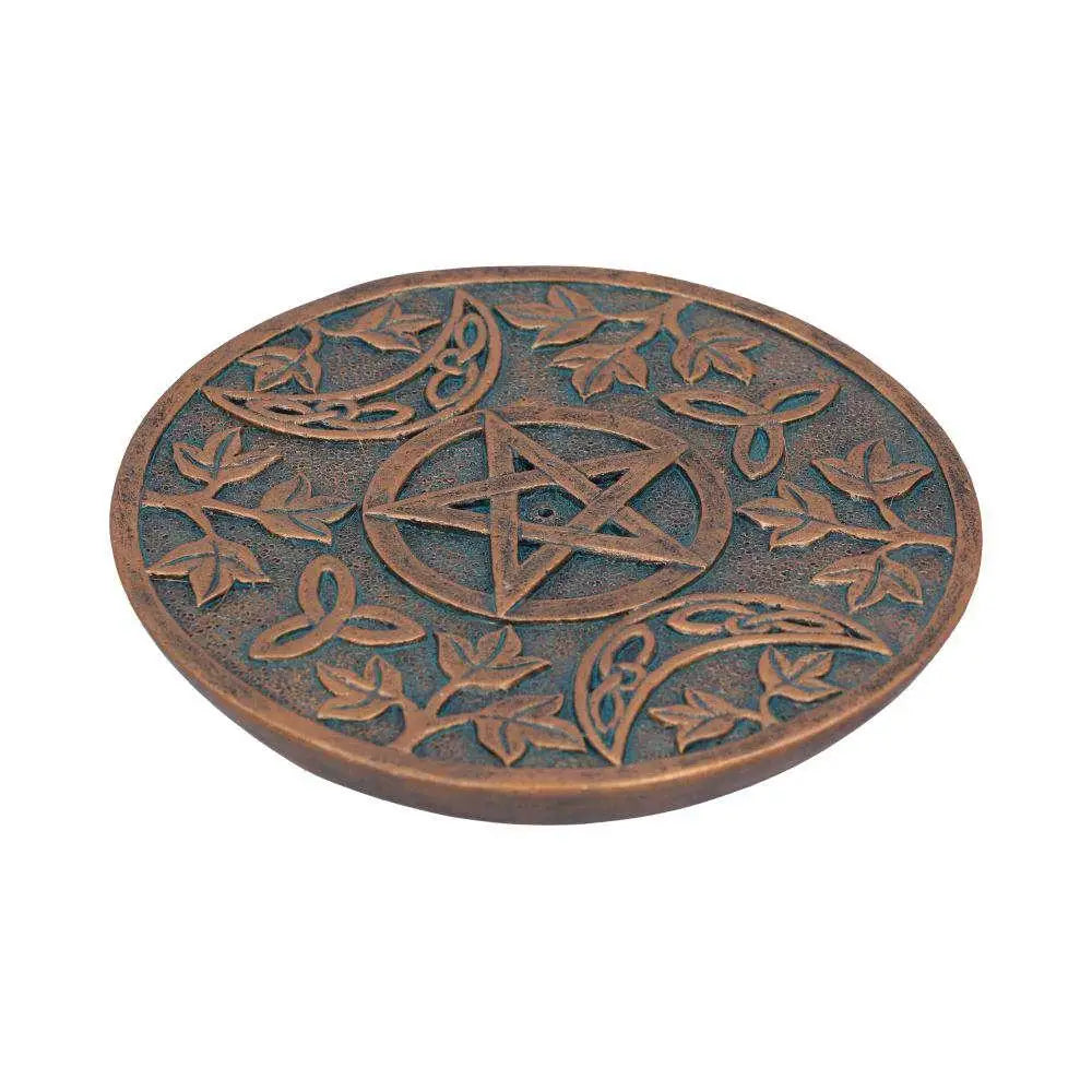 Bronsfärgad rund underlägg med relieff pentagram och keltiska mönster för Divine Essence Wiccan Incense Burner