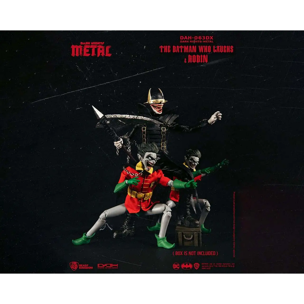 Svart och guldfärgad metallfigur av Joker, Batman och Robin från The Batman Who Laughs med detaljerade kostymer i Dn Metal Batman Laughs + Robin DAH Ltd-serien
