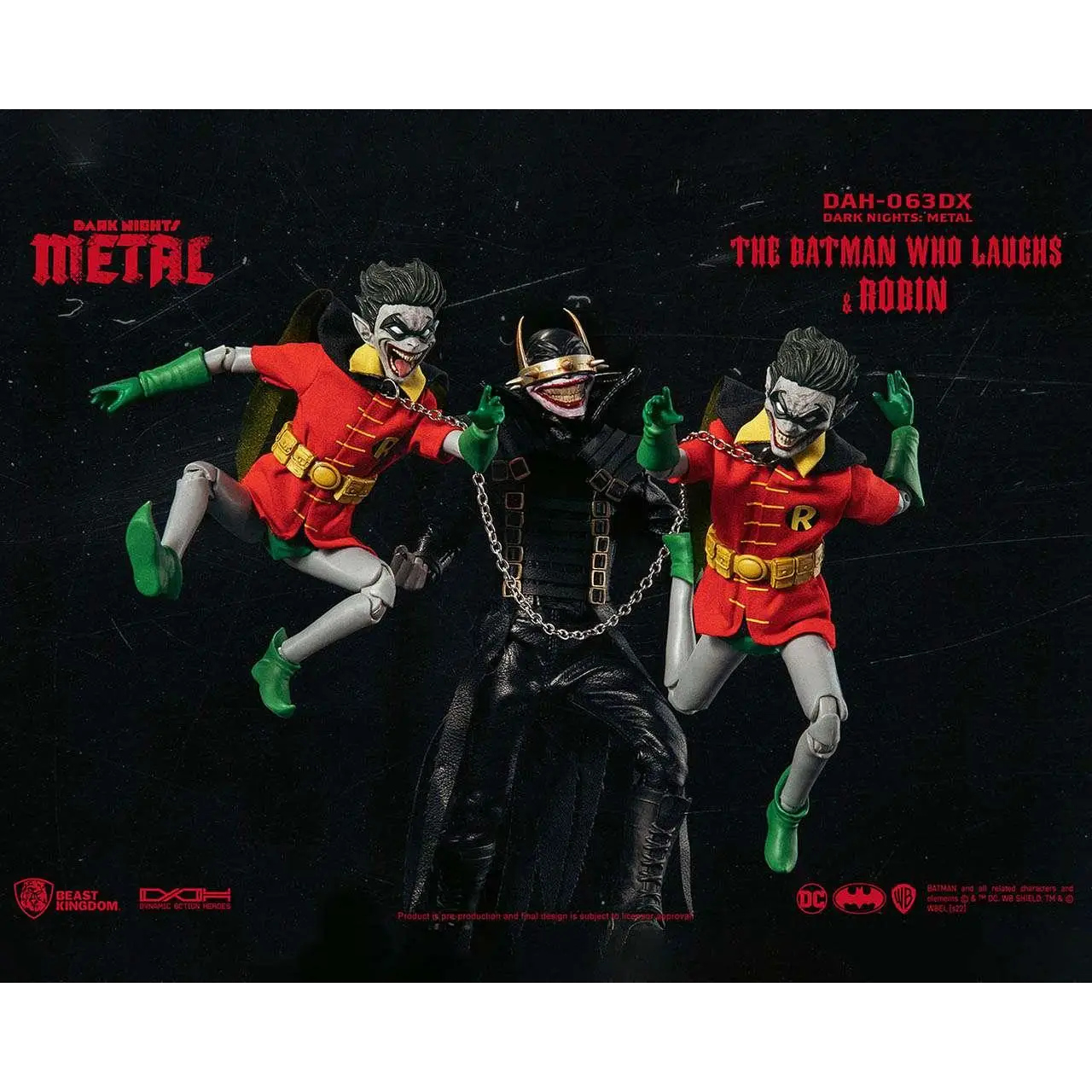 Den skrattande Batman i svart läderliknande material med guldkanter och spikad hjälm, Dn Metal-figur med Robin