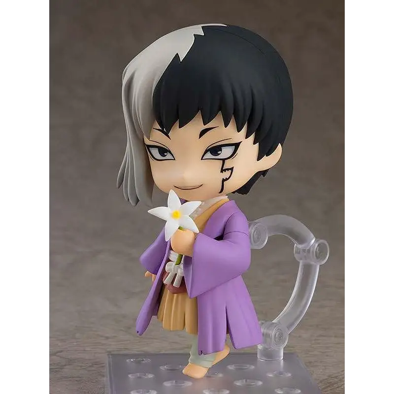 Lila och beige Nendoroid-figur av Gen Asagiri från Dr. Stone med svartvit hår och vit blomma