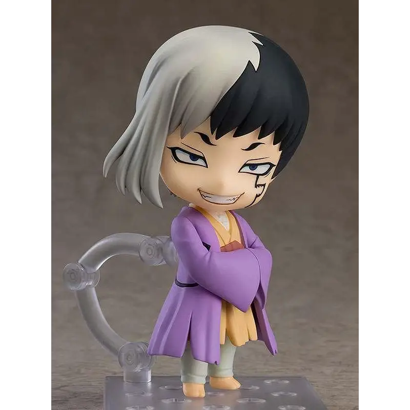 Lila och gul traditionell anime-figur av Gen Asagiri Nendoroid från Dr. Stone