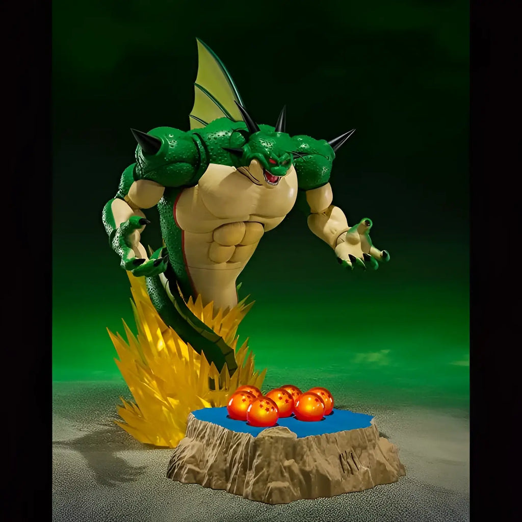 Grön och beige Porunga-figur från Dragon Ball Z med taggiga fenor på stenbas med orangea sfärer