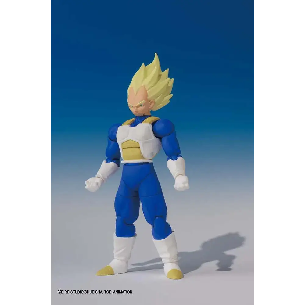 Blå och vit Saiyan-krigare Vegeta-figur med gyllene hår och detaljerad rustning