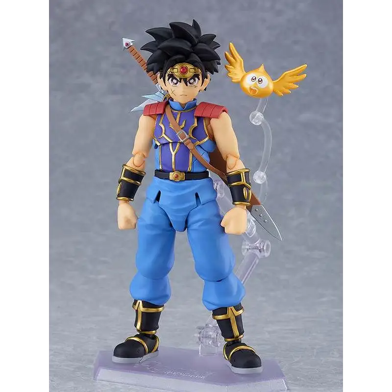 Blå och guld Dragon Quest Dai Figma-figur med svart spretigt hår, röd ögonlapp och liten guldfågel