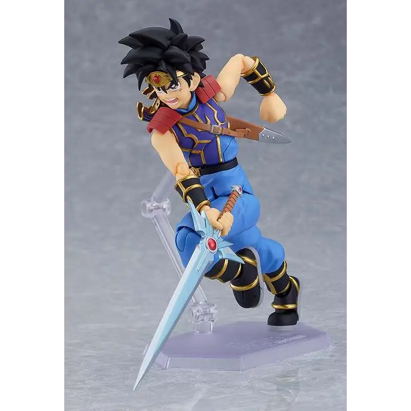 Blå och gul rustad Dragon Quest Dai Figma-figur med svart spretigt hår och silver svärd med röd ädelsten