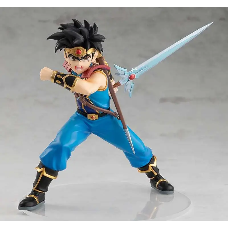 Blå och gul rustad actionfigur av spretthårig krigare med silver svärd från Dragon Quest Dai POP UP PARADE