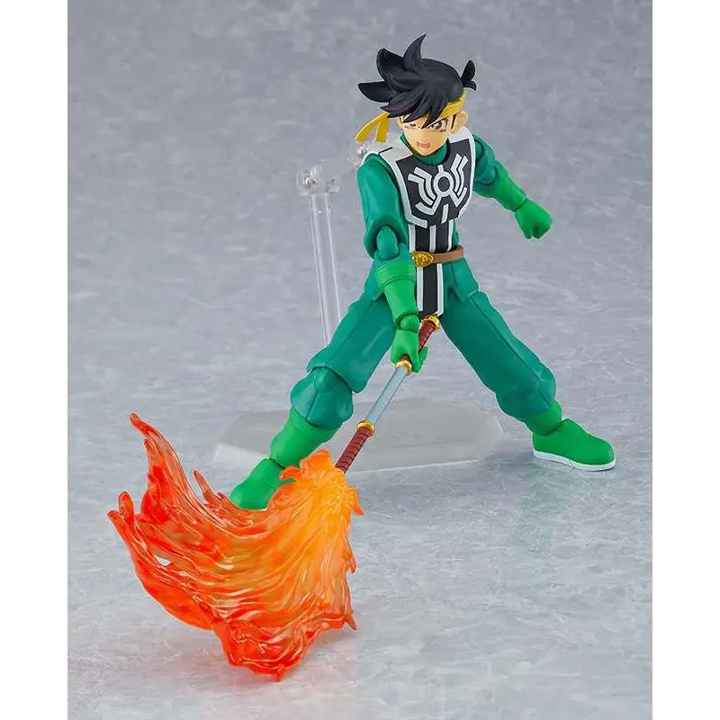 Grön och svart Popp figma-figur från Dragon Quest med svärd i orange låga