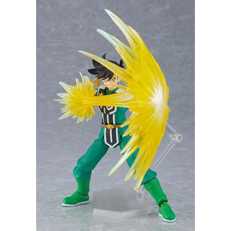Grön och svart Dragon Quest Popp Figma-figur med gula energivingar på klar plastställ