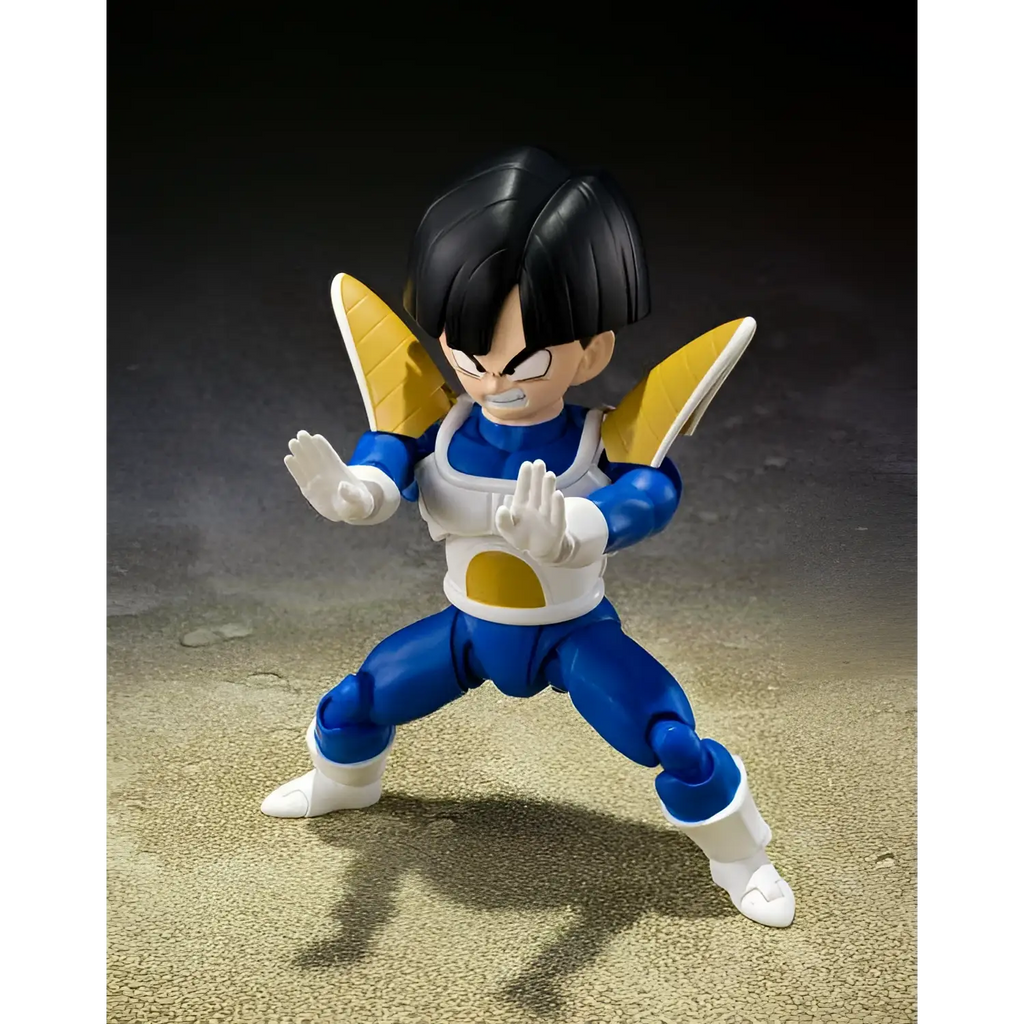 Blå och vit Saiyan-krigare actionfigur med gula vingar-liknande axelskydd, detaljerad plastled Dragonball Z Son Gohan Battle Cloth SH Figuarts