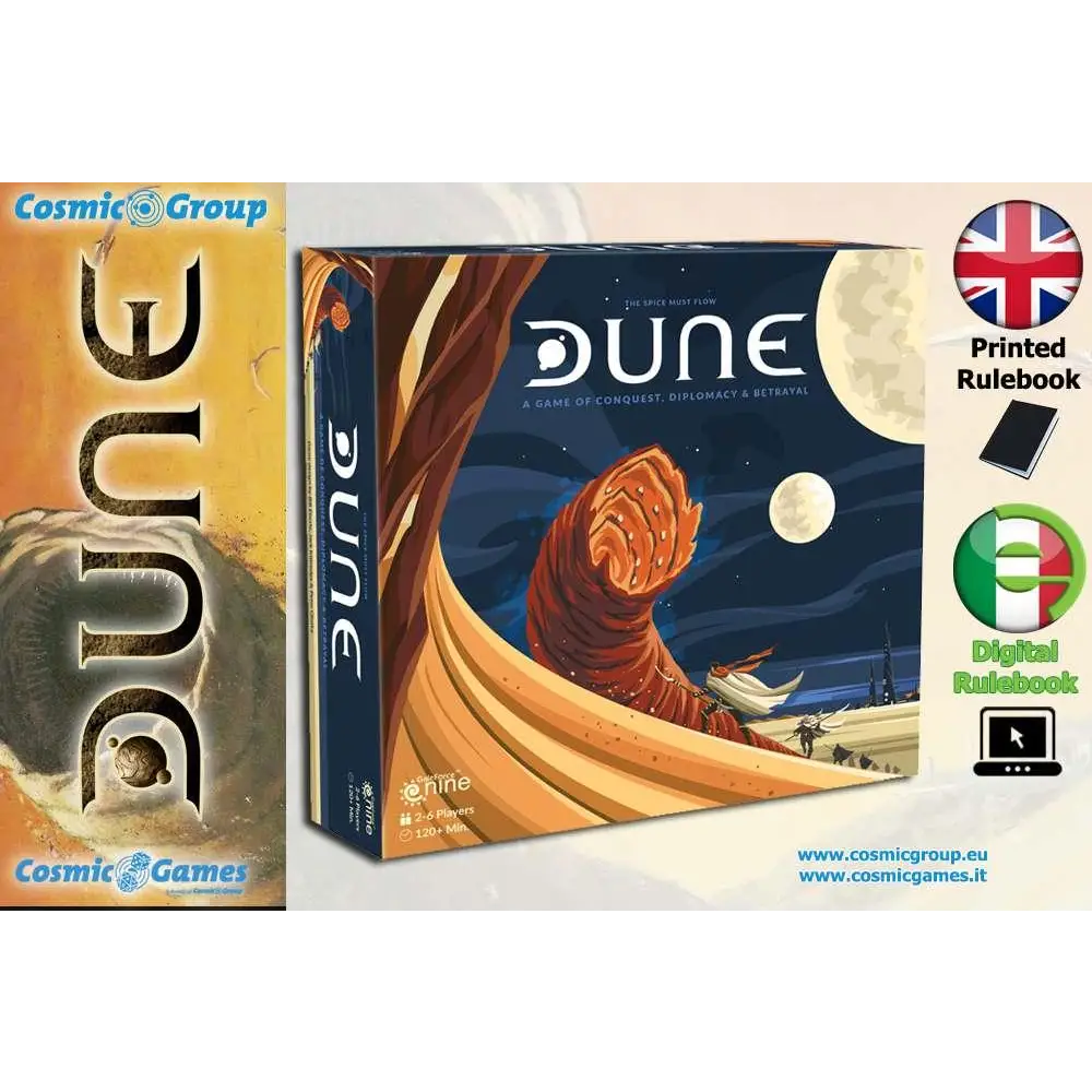 Dune brädspelets box med sandmask mot stjärnfull ökenhimmel och två månar