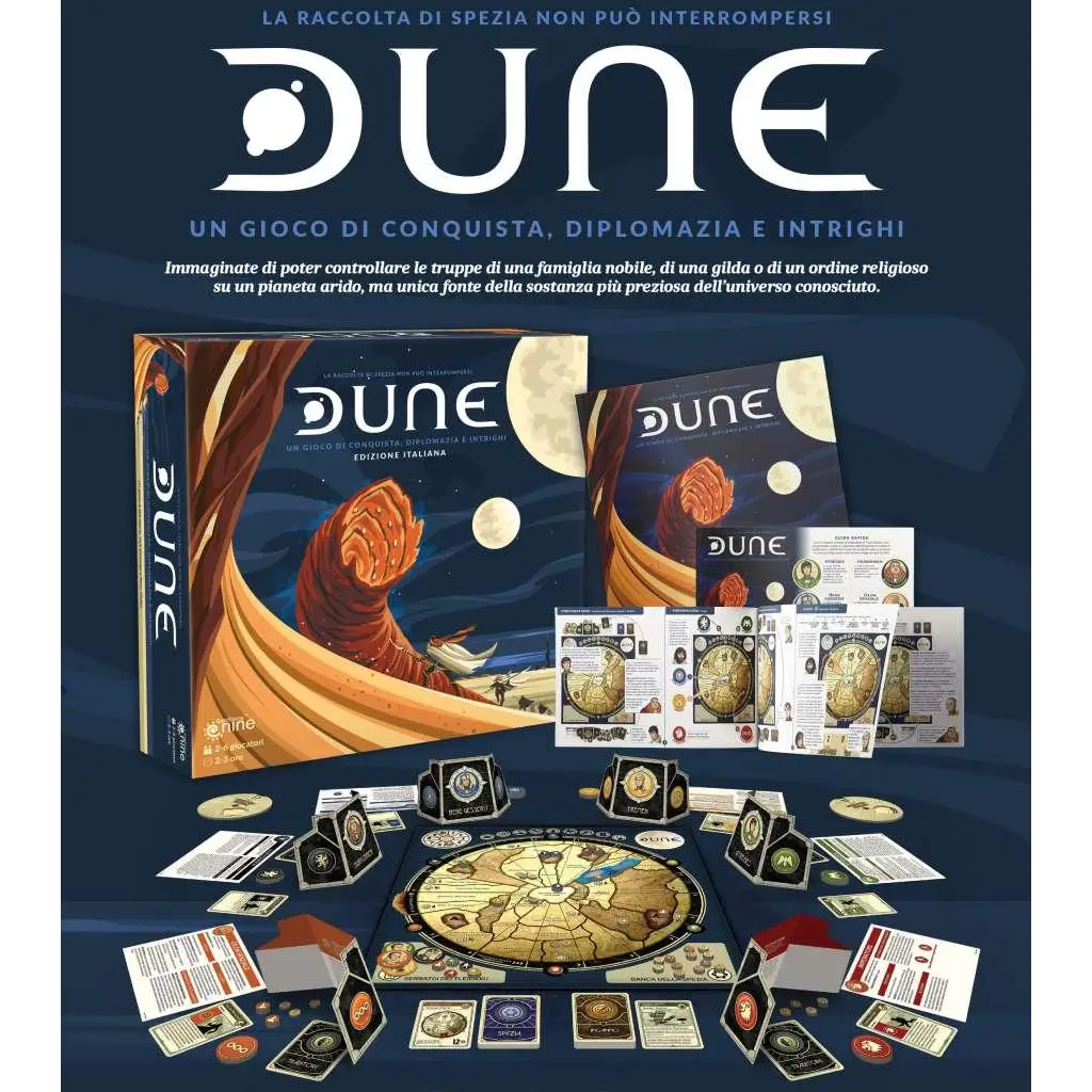 Dune strategiskt brädspel med blå låda och sandmaskar i ökennatt