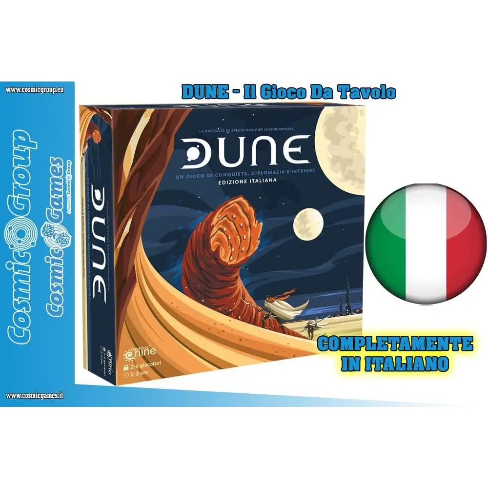 Dune strategiskt brädspel: ökenlandskap med sandmask och två månar