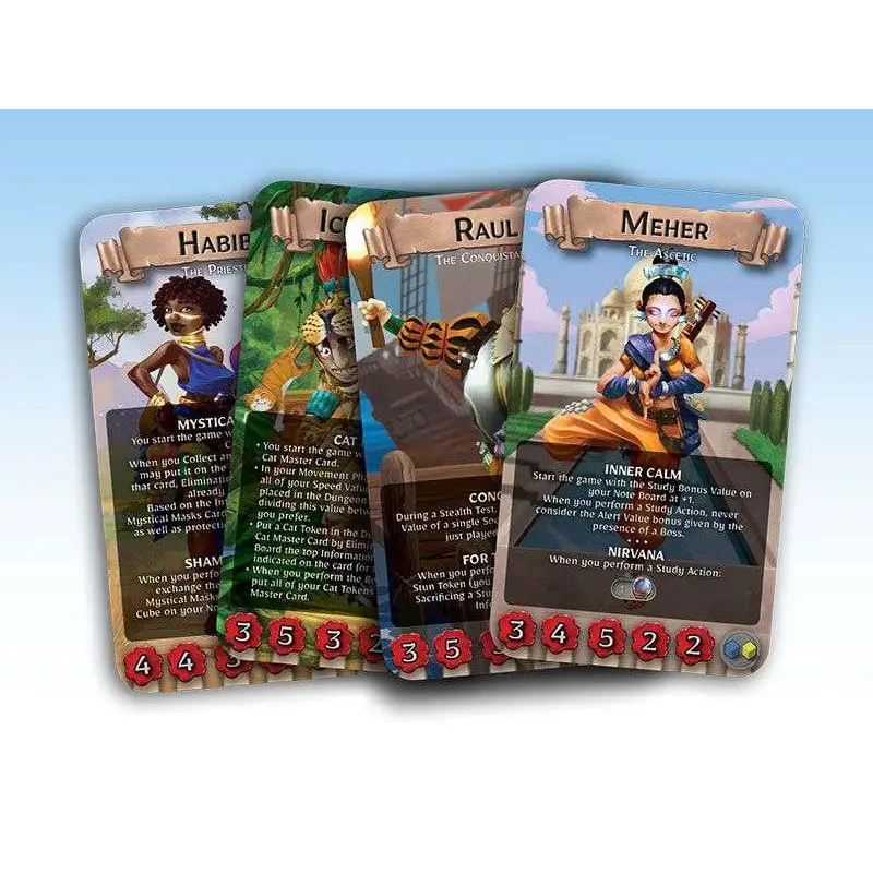 Fyra illustrerade spelkort med Habib, Raul och Meher i Dungeonology Erasmus - Fransk Utgåva