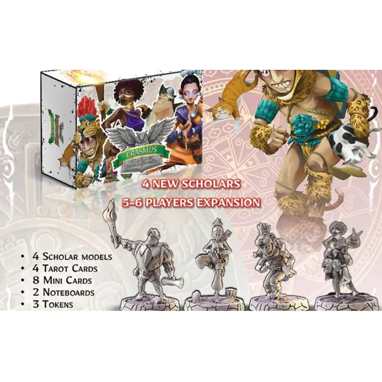 Erasmus-expansion för 5-6 spelare med fyra silverfärgade lärdominiatyrmodeller