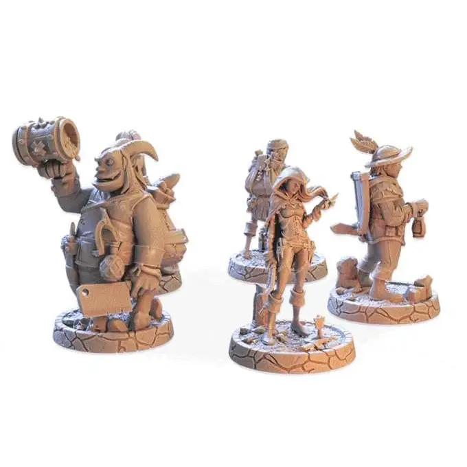 Ommålade beige resinfigurer av fantasykaraktärer på stenbaser i Dungeonology - Fransk Utgåva