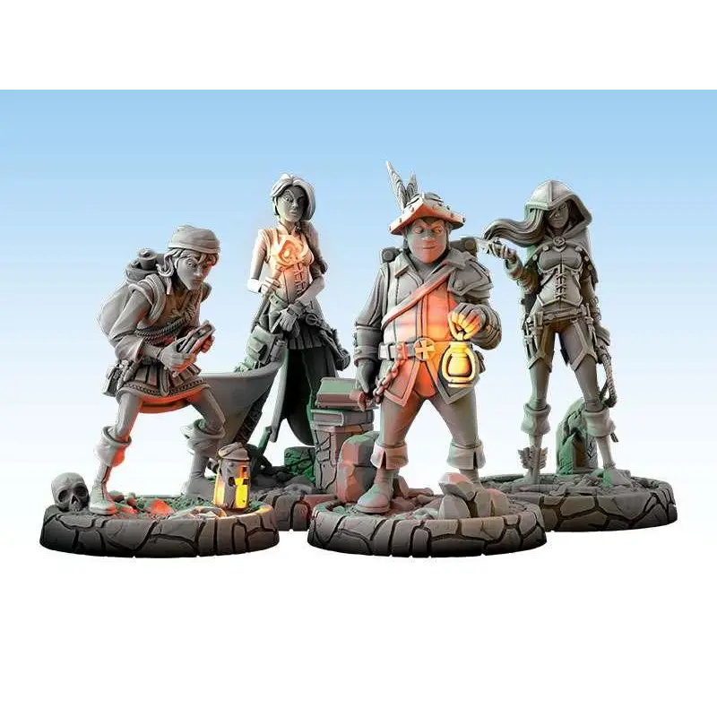 Fyra detaljerade Dungeonology Fransk Utgåva fantasyfigurer på klippbaser mot blå bakgrund