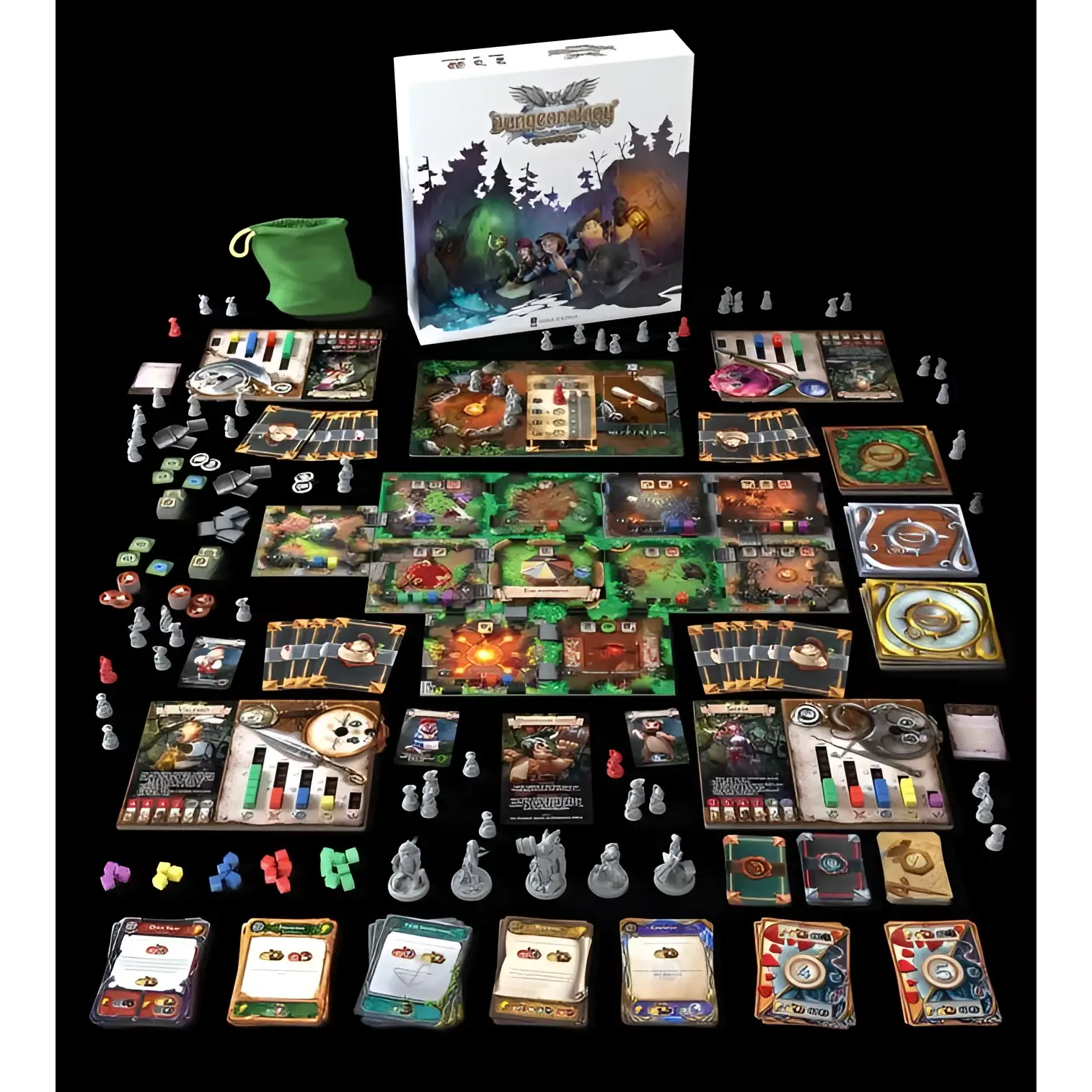 Dungeonology Fransk Utgåva: D&D äventyrskortspelsbox med fantasykonst och grön påse