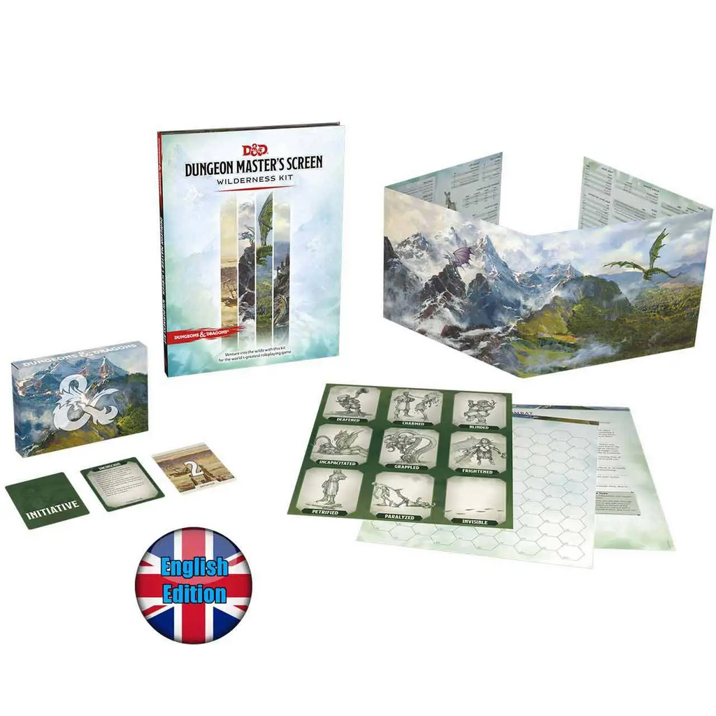Dungeons & Dragons Vildmarksskärm med berg och drake, statkort och engelsk badge