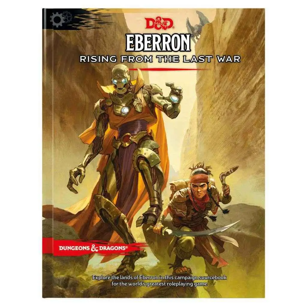 Eberron: Rising from the Last War omslag med robotkrigare och mänsklig hjälte