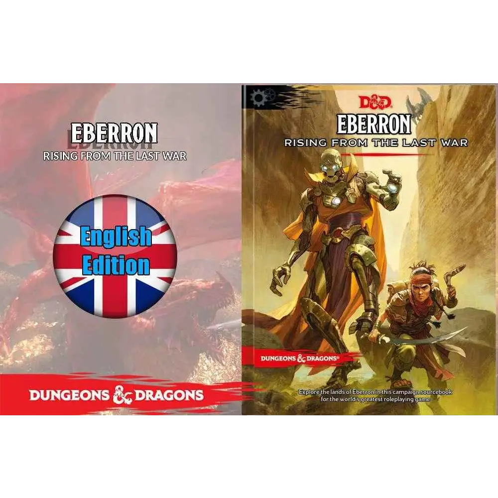 Omslag till Dungeons & Dragons: Eberron - Rising from the Last War med rustad figur och krigare i dramatisk landskap