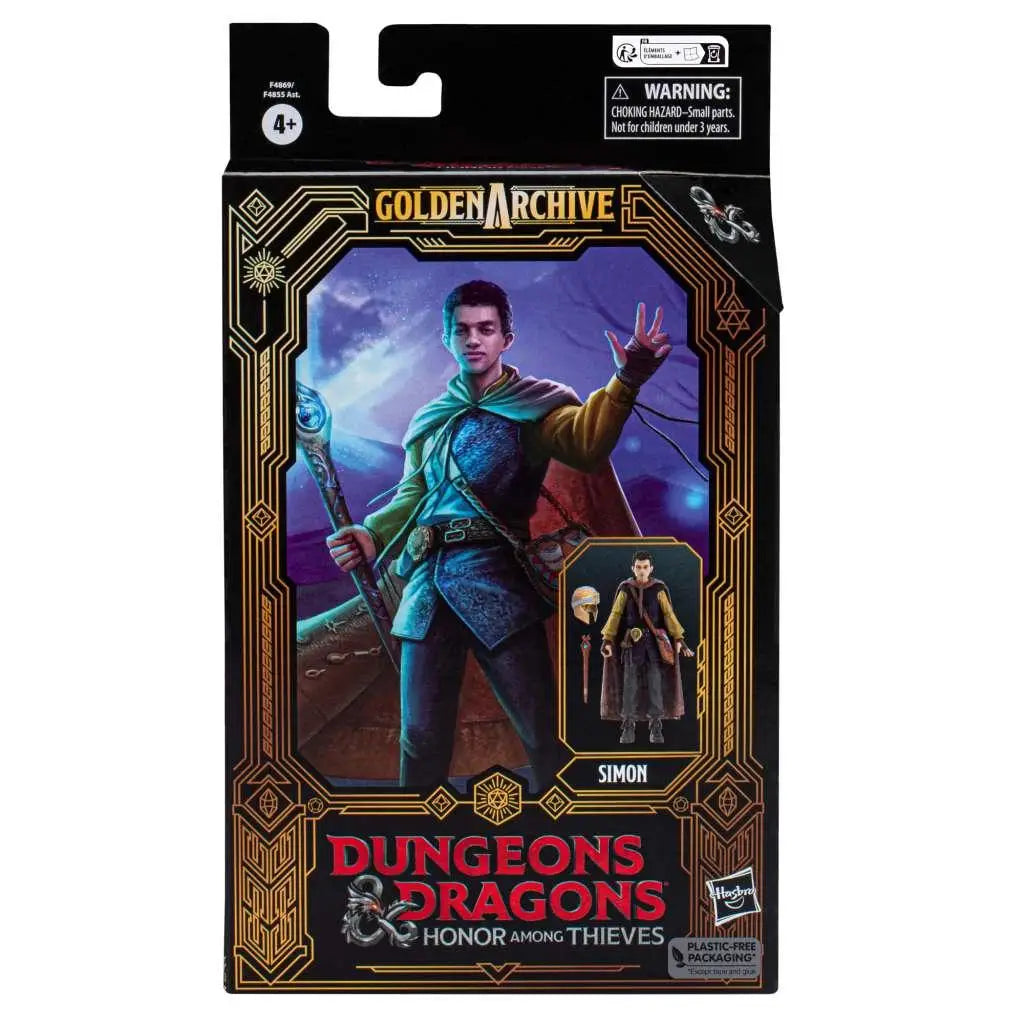 Dungeons & Dragons Simon actionfigur i svart-guld förpackning med detaljerad rustning, blå mantel och stav
