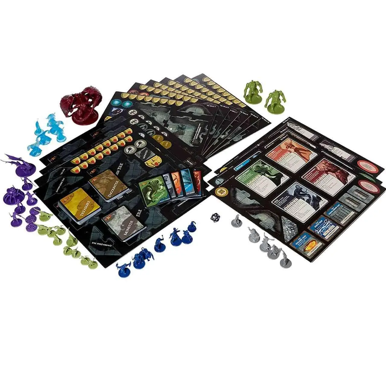 Svart spelbräde med färgglada kort och miniatyrfigurer i Dungeons & Dragons: The Legend of Drizzt brädspel