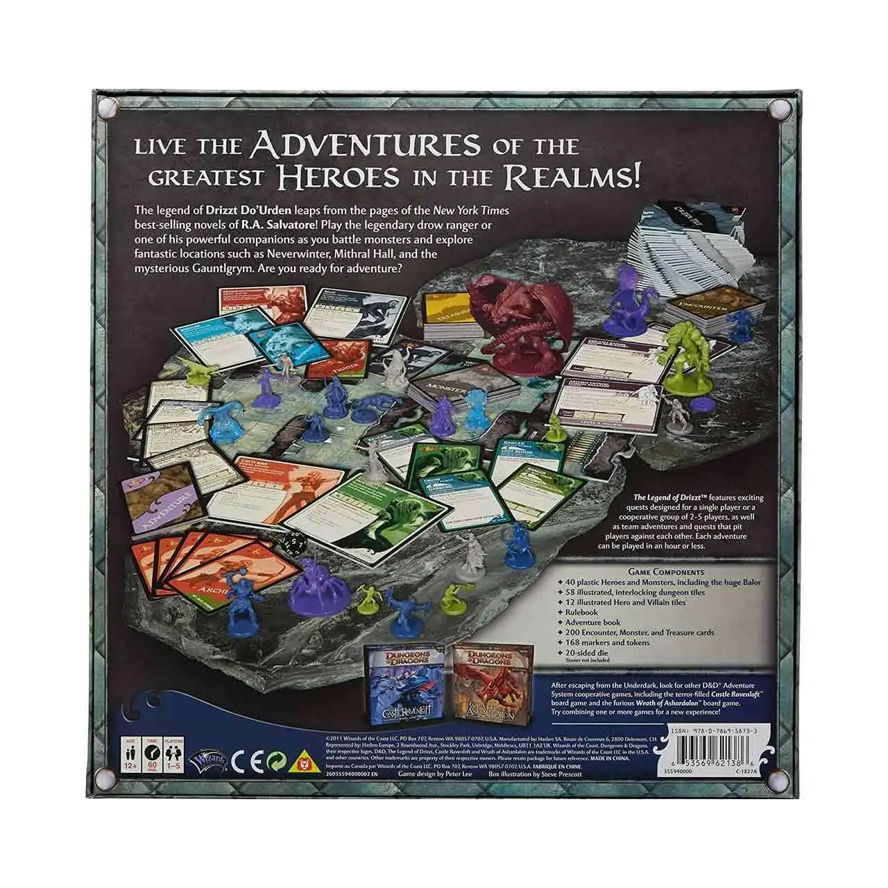 Baksidan av Dungeons & Dragons: The Legend of Drizzt brädspelsbox med komponenter på sten