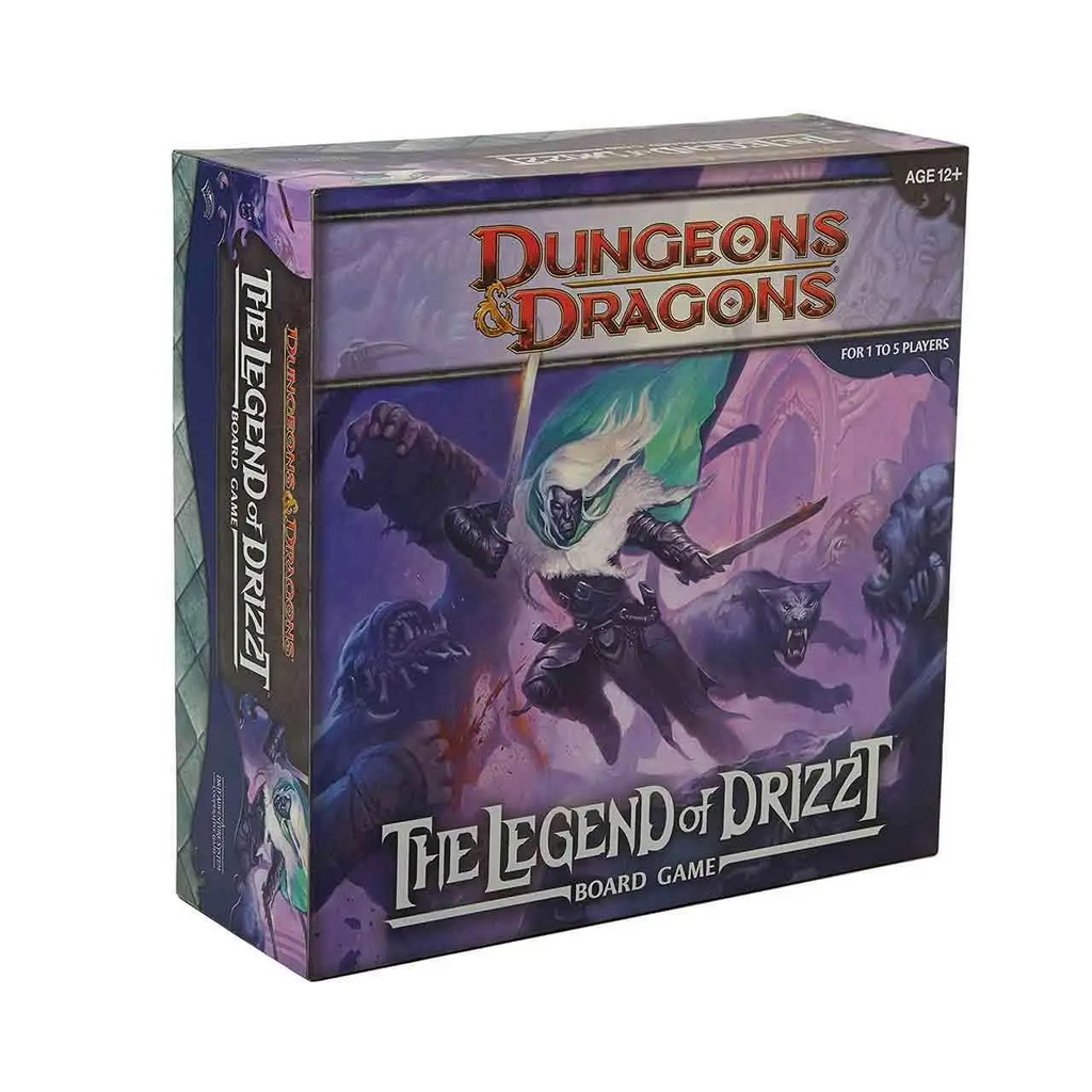 Dungeons & Dragons: The Legend of Drizzt brädspelsbox med Drizzt i mörk rustning