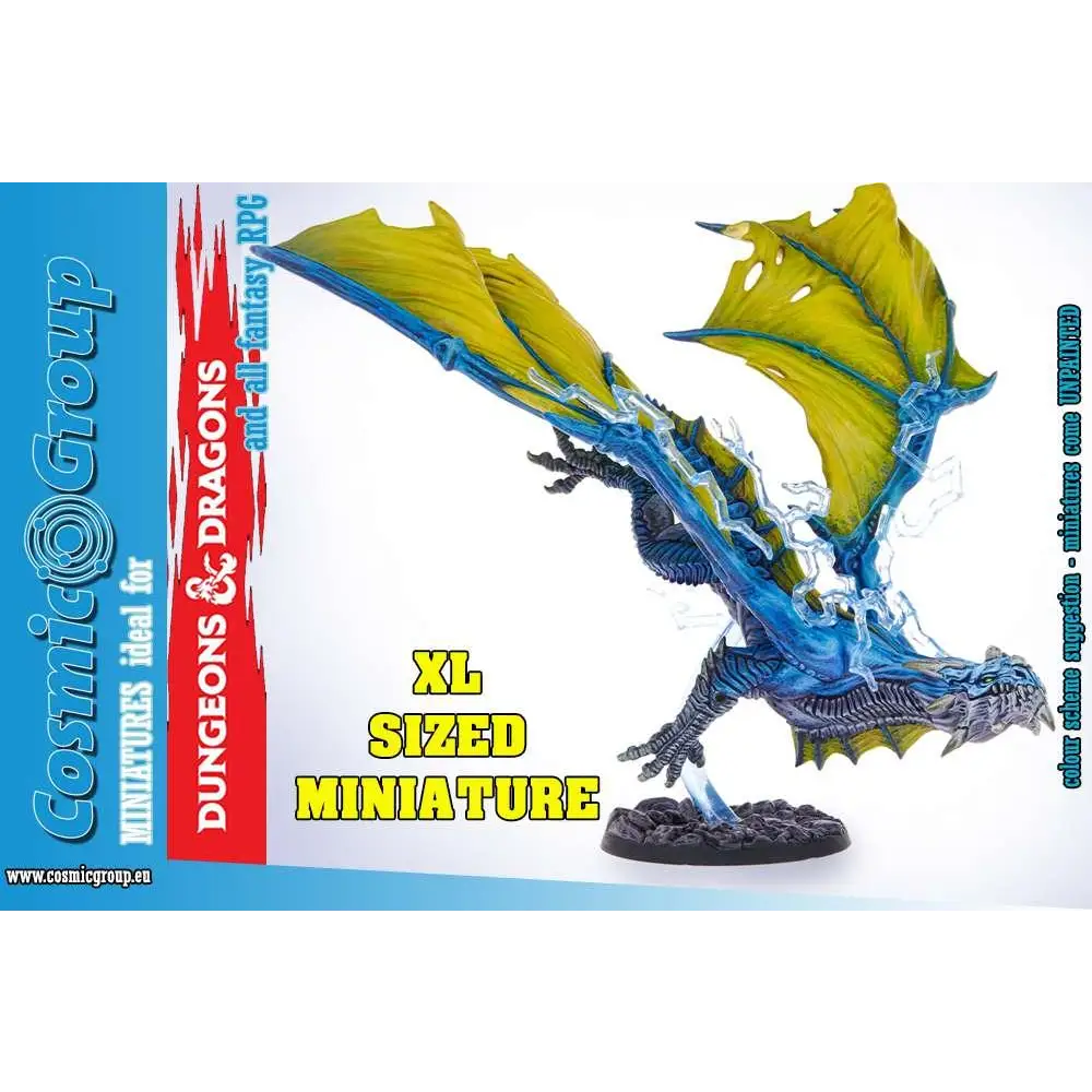 Detaljerad blå-gul drake-miniature med isiga vingar från Dungeons & Lasers Freyr